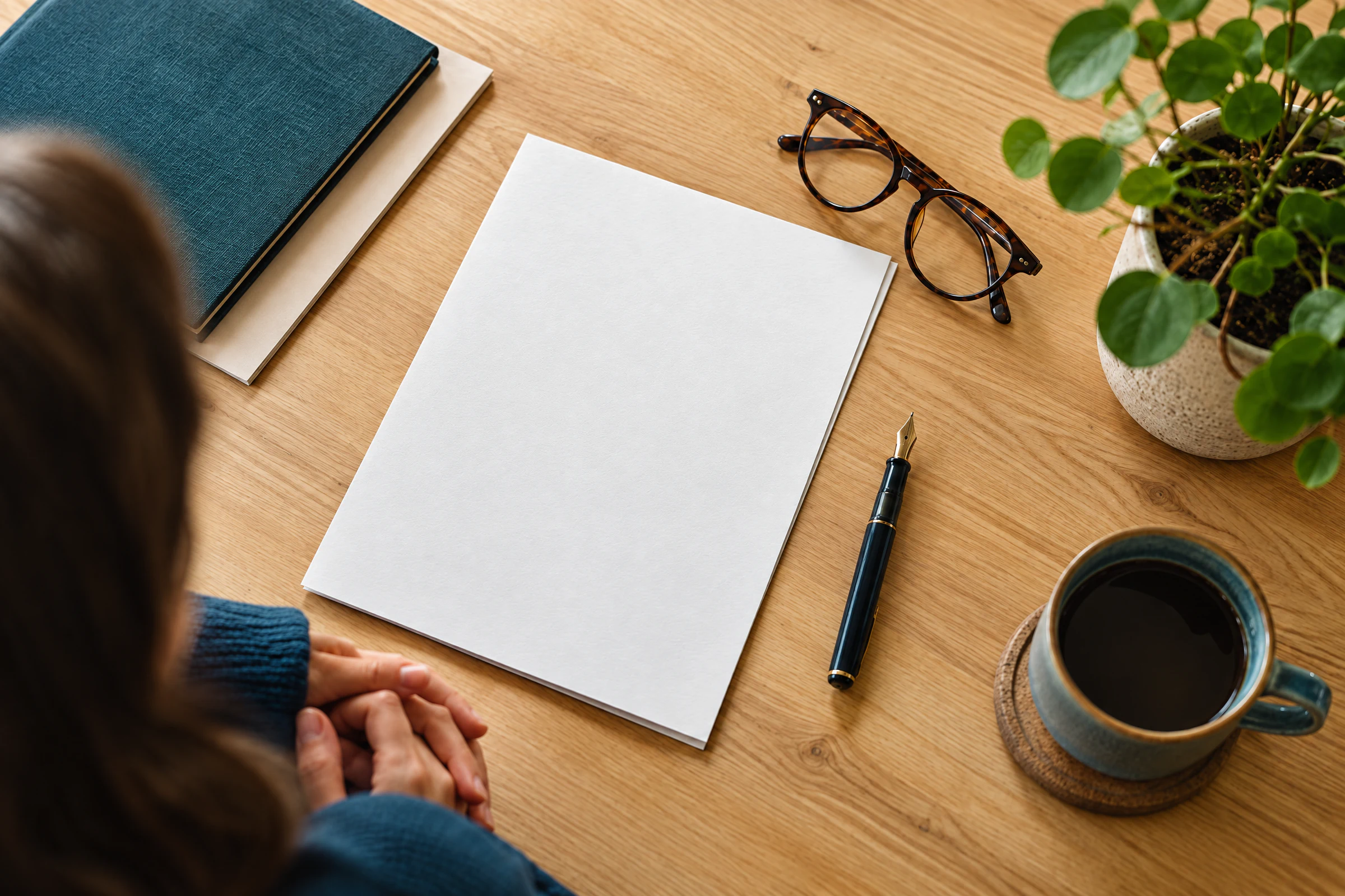 Mesa de madeira com documentos em branco, caneta-tinteiro e óculos de leitura