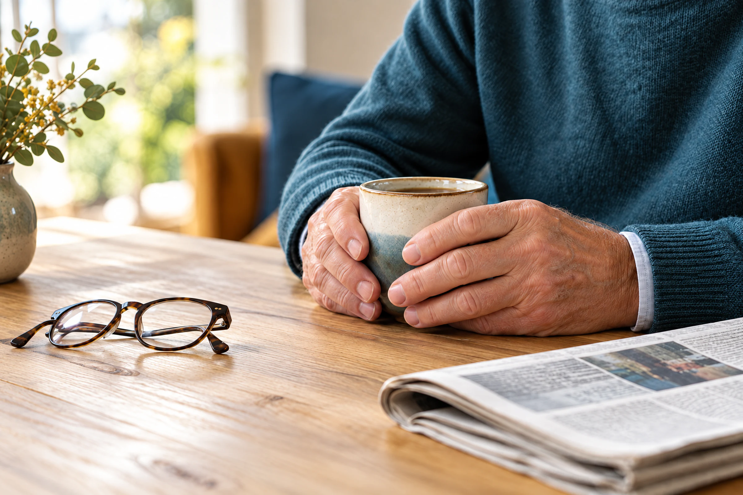 Mãos de um homem mais velho segurando uma xícara de café sobre mesa de madeira