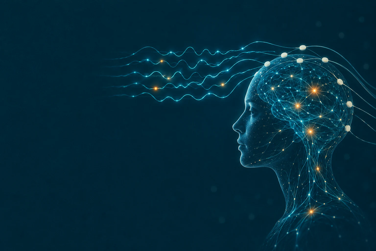 Ilustração de uma pessoa adulta deitada e relaxada, com eletrodos presos ao couro cabeludo e ondas cerebrais desenhadas em um monitor ao lado